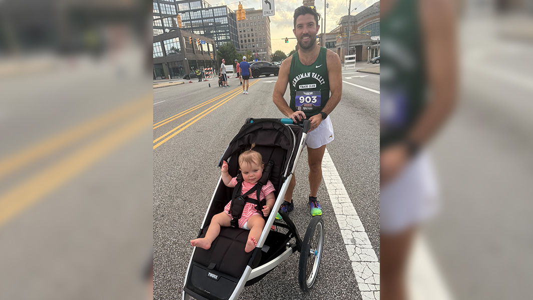 Split image of Stephen stood with his daughter Blake in a stroller at the Guardian Mile race and Stephen with his wife Meghan holding Blake