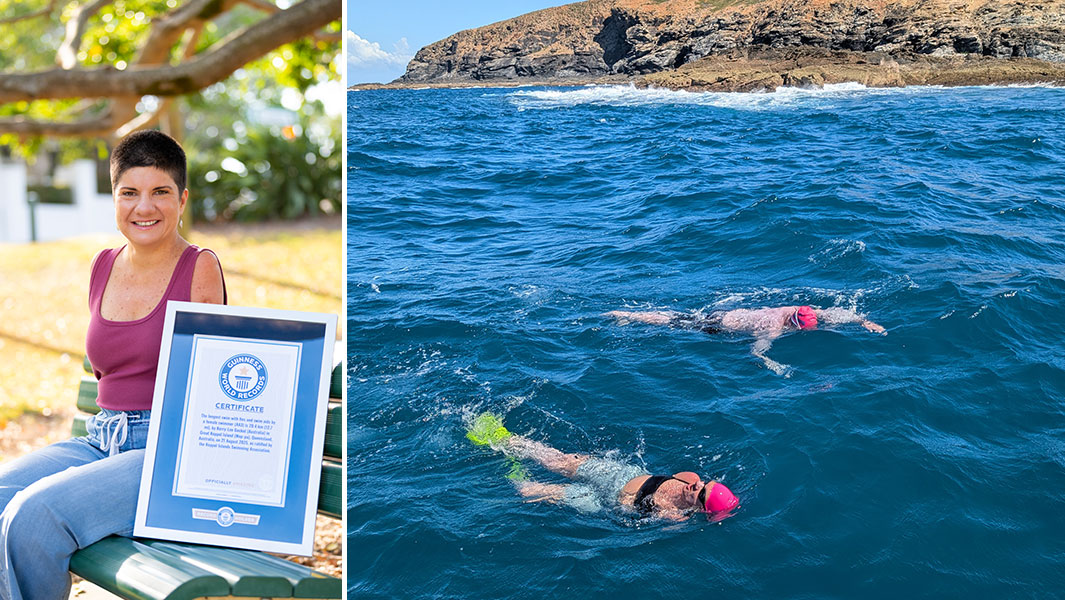 wingless-warrior-kerry-lee-gockel-on-bench-with-her-gwr-certificate-and-swimming-off-great-keppel-island