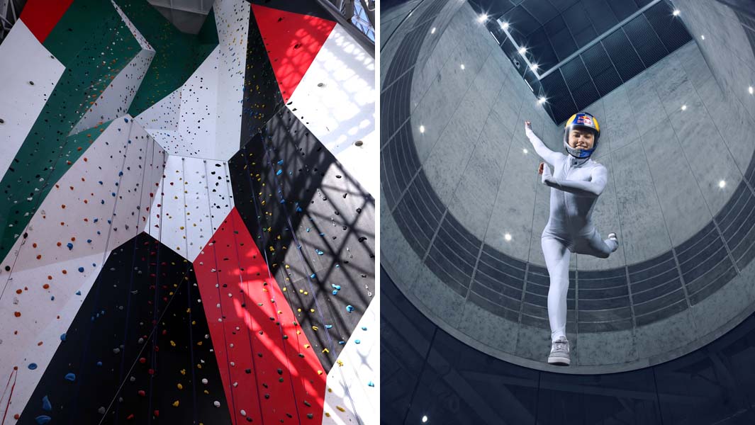 A-collage-of-the-Largest-skydiving-wind-tunnel-and-Tallest-indoor-climbing-wall