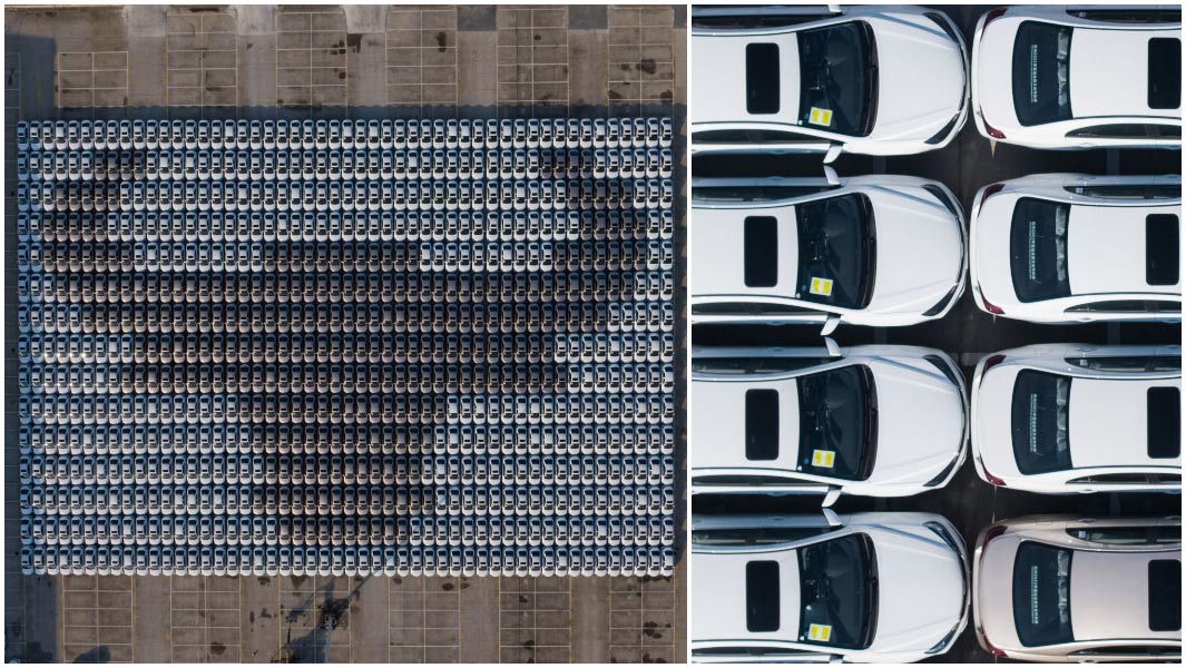 largest car mosaic split image of birds eye view and cars close up