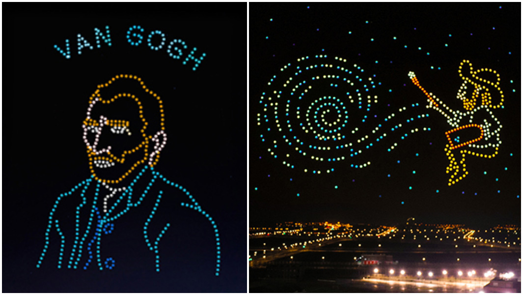 split image of UAVs creating van gogh imagery in a black sky