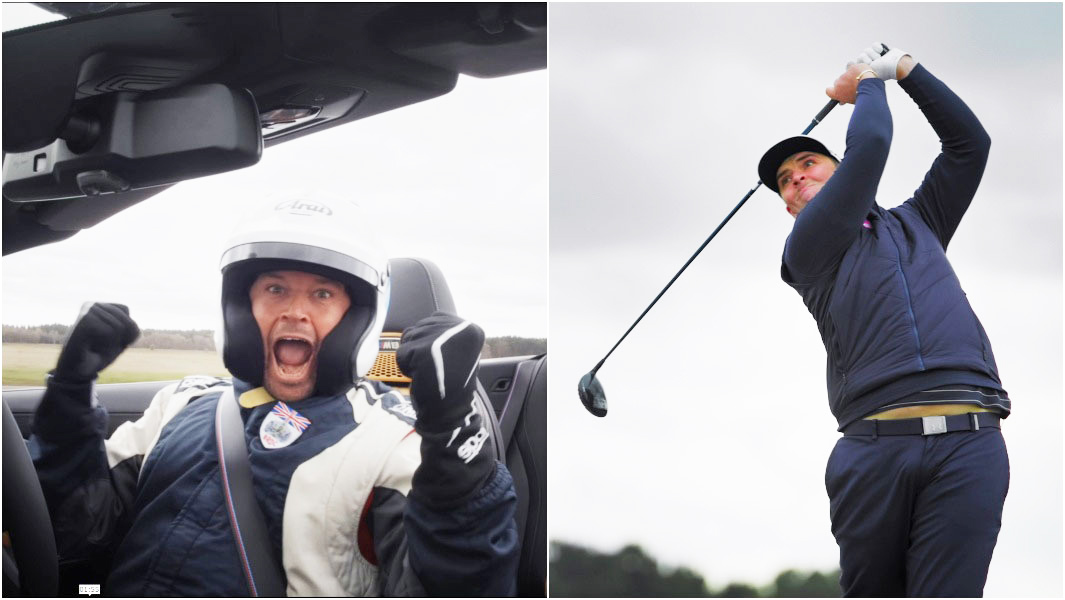split image for the farthest golf shot caught in a moving car