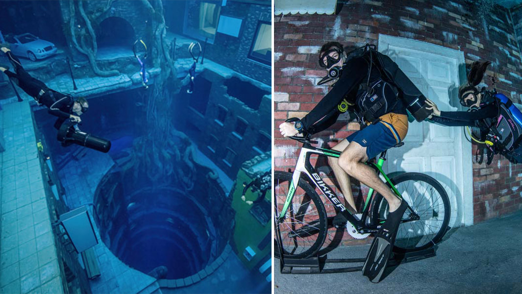split image of deepest pool for diving from above and two divers using underwater exercise bike