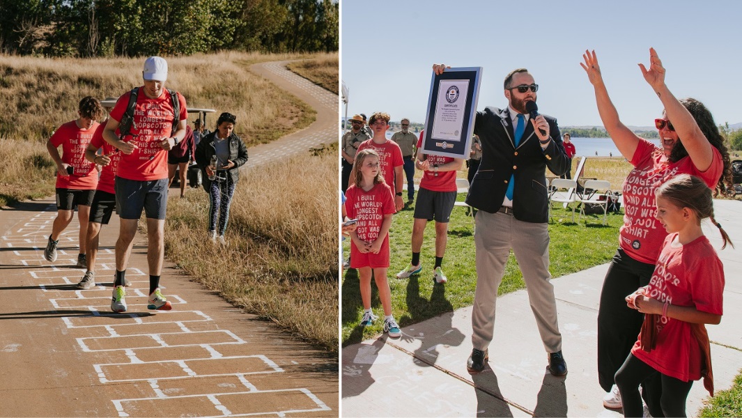 Young people hop across the longest hopscotch game