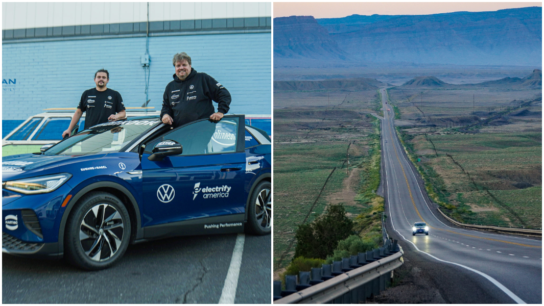 Rainer and Derek stand next to Volkswagen electric car