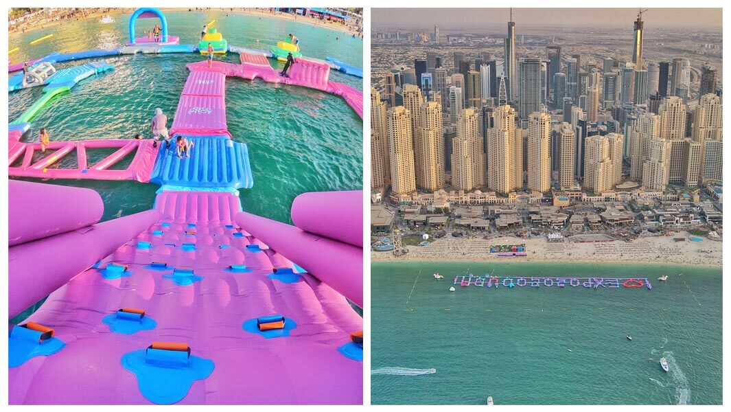 Collage images of the largest inflatable aqua park in the world