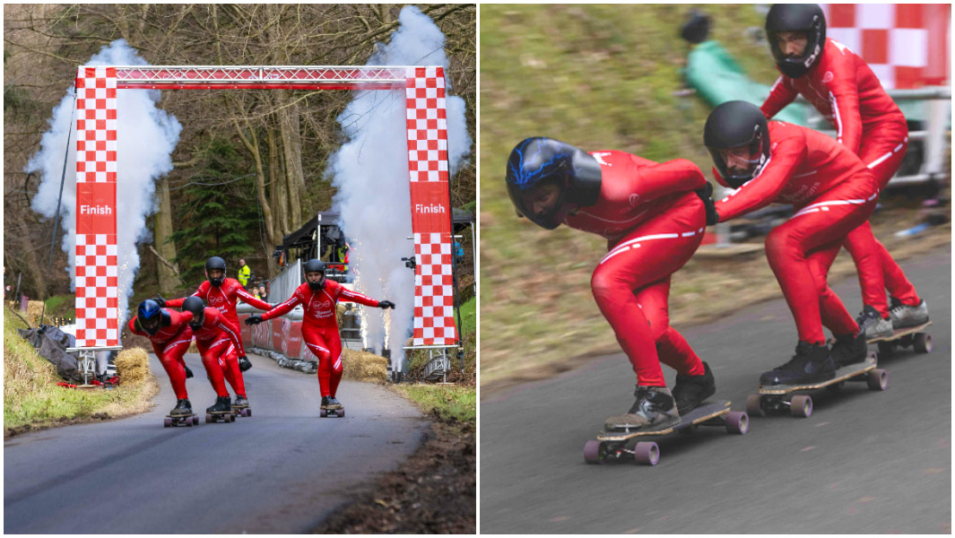 virgin media fastest downhill speed on skateboard split image