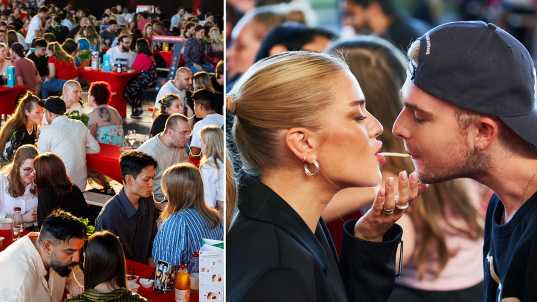 most couples eating a single piece of spaghetti simultaneously