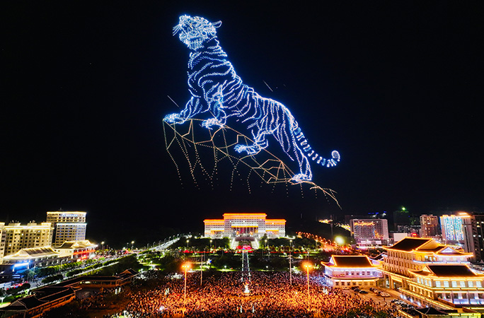 an image of a tiger made by drones light up the night sky