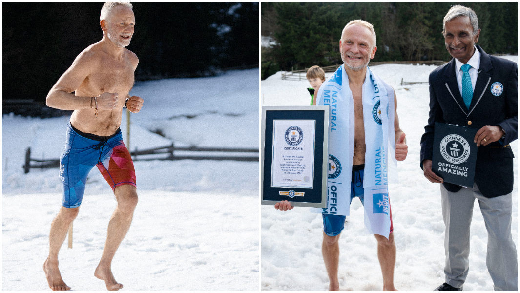Fastest half marathon barefoot on ice/snow achieved by Josef Salek