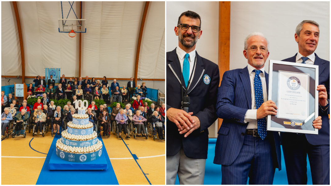 Split image of the largest gathering of centenarians and adjudicator lorenzo veltri presenting the guinness world records certificate
