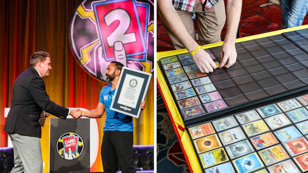 Split image for a person receiving a Guinness World Records certificate and another placing a card in a binder