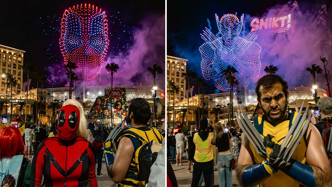 Split image of Deadpool and Wolverine made with drones