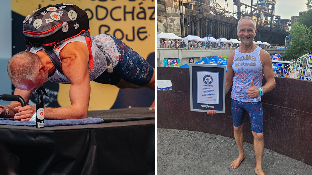 split image of a man performing an abdominal plank with a 40lb backpack and holding a Guinness World Records certificate