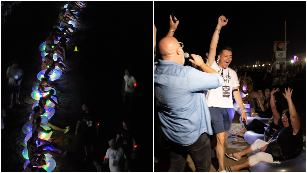 split image of people wearing led floaties and on the right a group of people cheer while wearing light up floaties