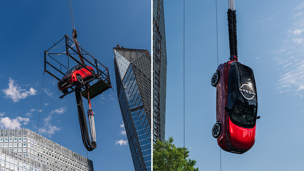 Split image of a red nissan car suspended from a platform high in the sky and the car hanging upside down