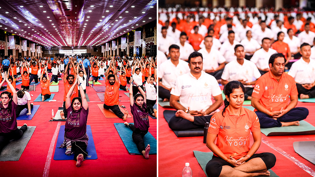 split image of rows of people dressed in orange and white performing different yoga poses