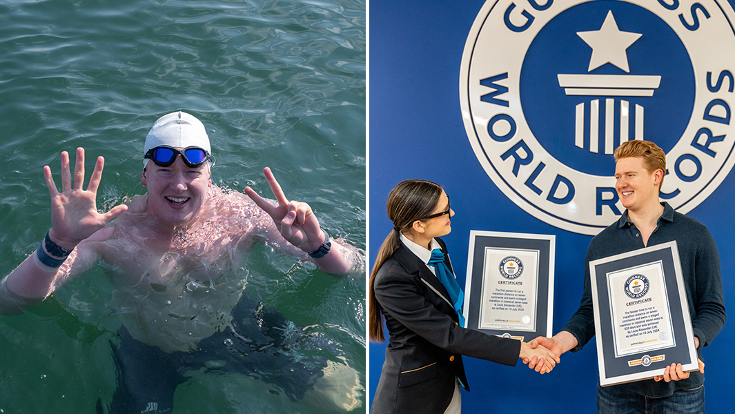 split image of a man in a sea of water making a peace sign and him being awarded his guinness world records certificate