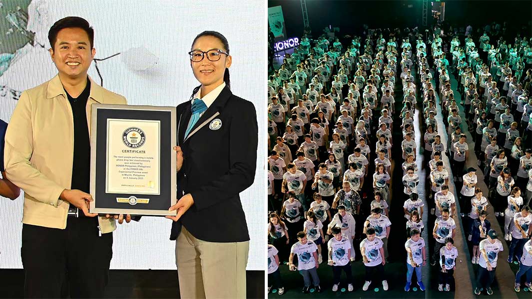 Split image of the most people performing a mobile phone drop test simultaneously