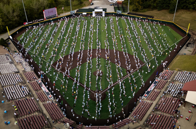 Drone photo of the field with participants