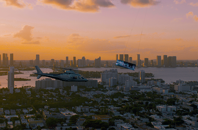 helicopter and screen flies through the sky