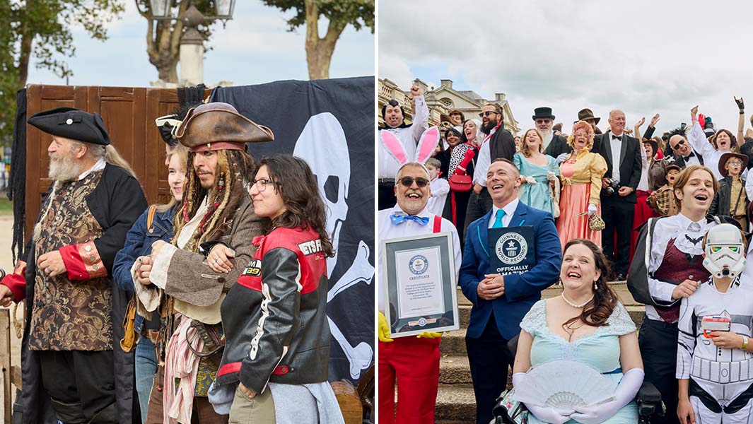 split image the right show various people dressed as pirate of the caribbean characters and one the right  people cheer happily