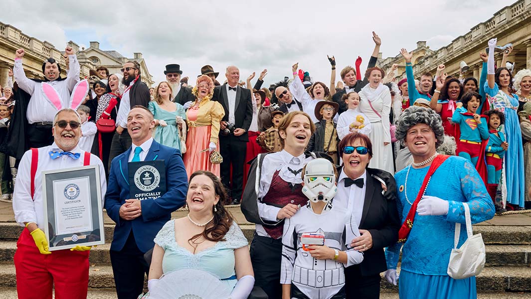 split image the right show various people dressed as pirate of the caribbean characters and one the right  people cheer happily