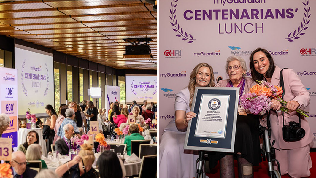 split image of people at the dinner and a group of women smiling one is holding a guinness world records certificate