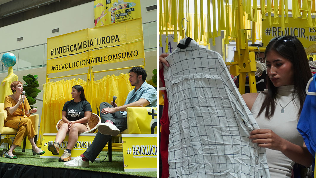 Split image of event organizers giving a speech and a woman shopping