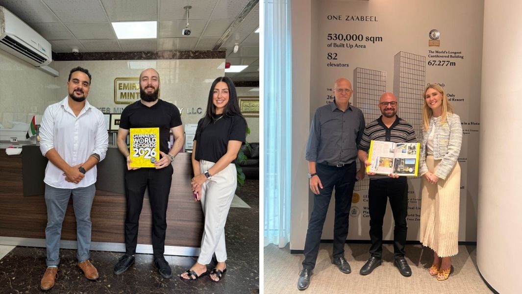 Split image featuring record holders from MENA presented with GWR 2026 book