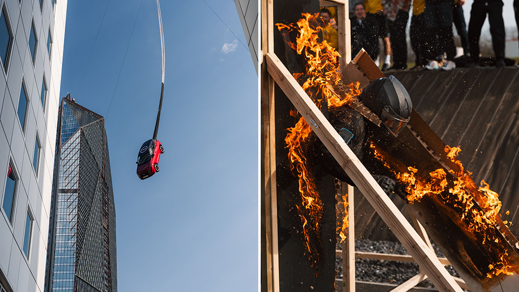 split image of a red car in the sky and a man running through a door on fire