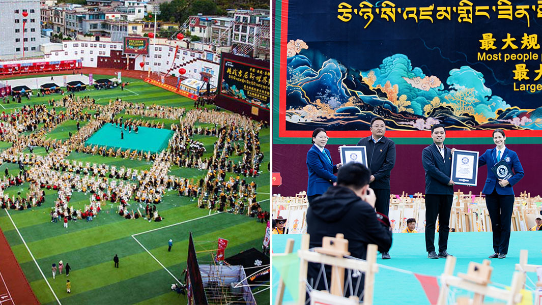 Split image of the artists gathered and the certificate presentation