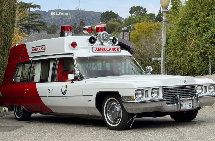 Ambulance in front of the Hollywood sign