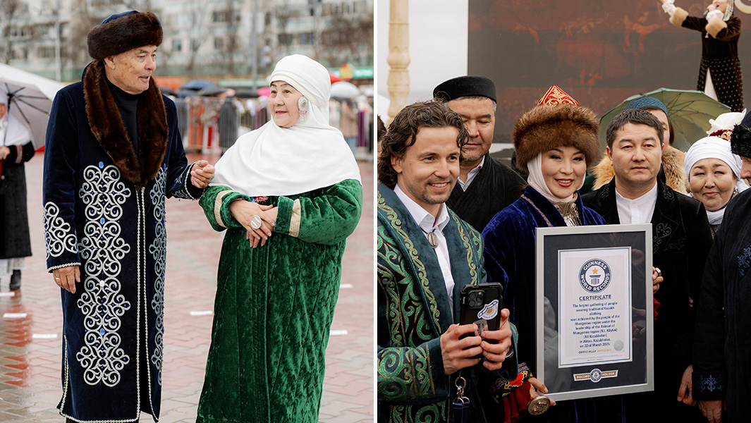 split image of  a man and woman wearing traditional kazakh clothing and receiving their guinness world records certificate