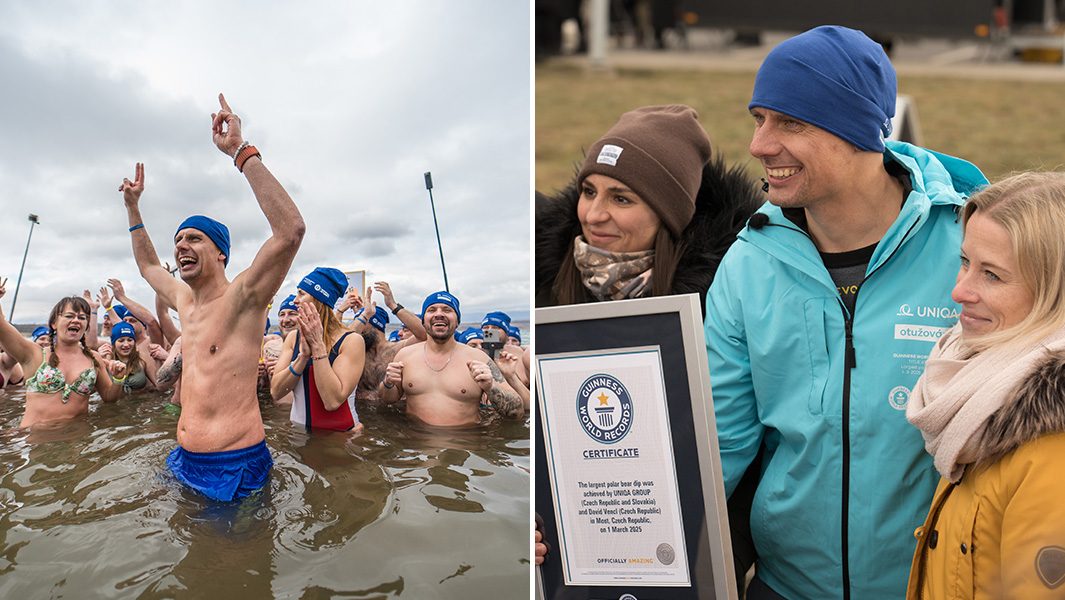 split image of participants in lake most and david vencl posing for a photo holding the guinness world records certificate