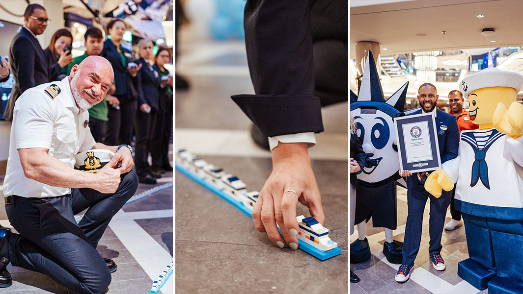 Split image of people lining up Lego ships on the MSC ship