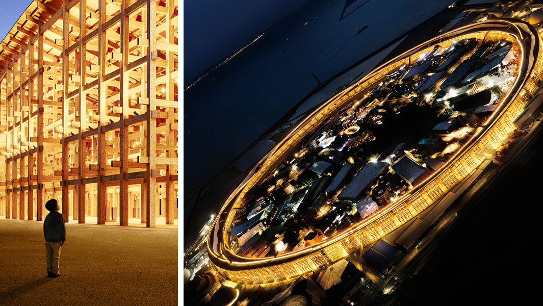 Split image of the largest wooden structure from a far angle and a close up