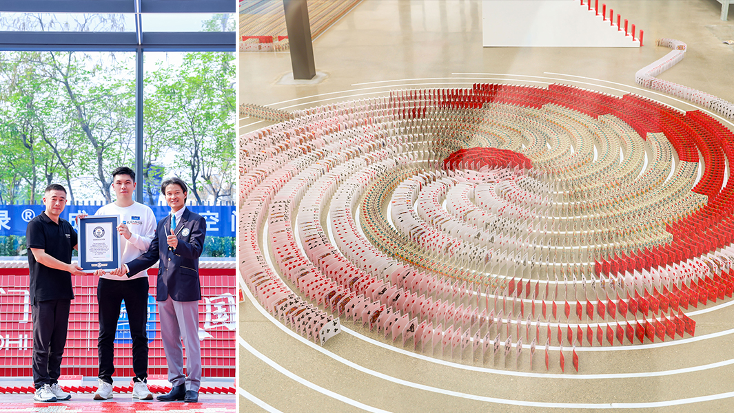 split image of GWR certificate presentation and playing cards dispalyed in domino fashion