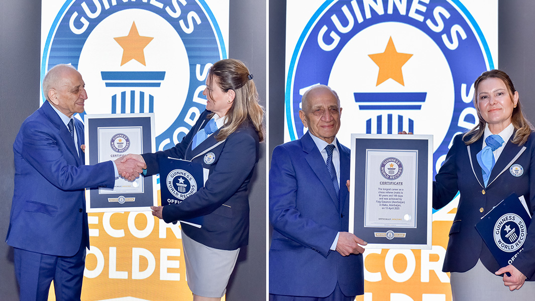 split image of faig gasanov receiving his guinness world records certificate