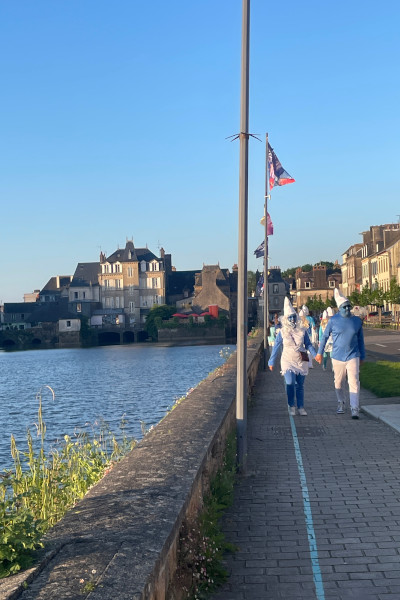 Smurfs walking next to the river