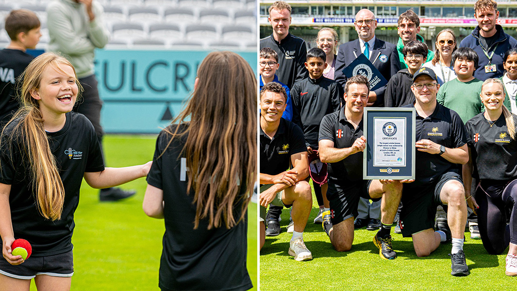 split image of two children laughing with a ball in hand and on the right side a big group of people with four crouched down and one person holding a guinness world records certificate