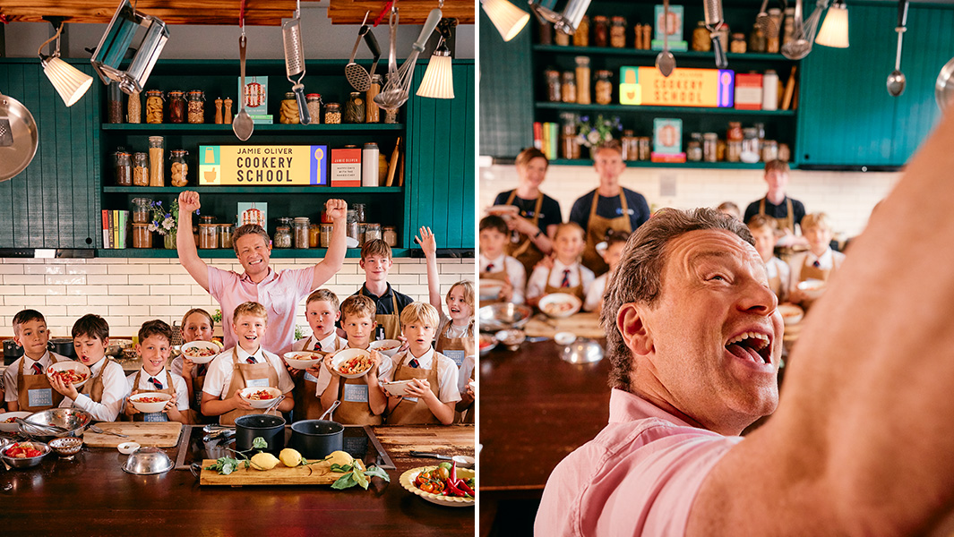 split image of a man wearing a pink shirt celebrating with children wearing aprons holding bowls of pasta and the man taking a selfie