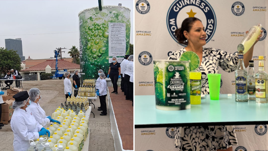 Split image of the largest margarita and Faviola making a margarita