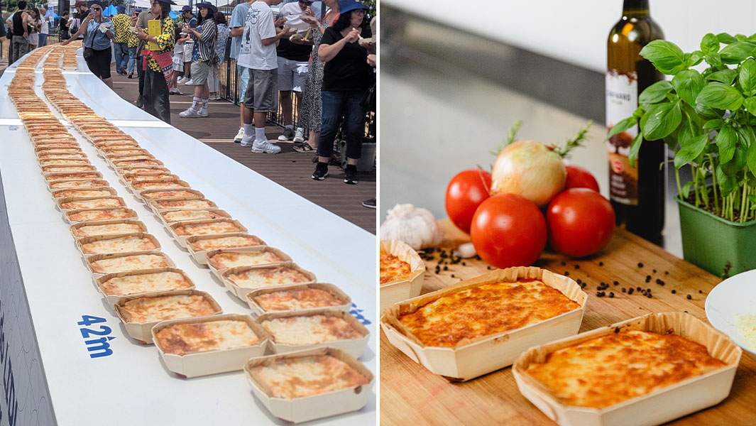 Split image of a line of lasagne and the finished meal