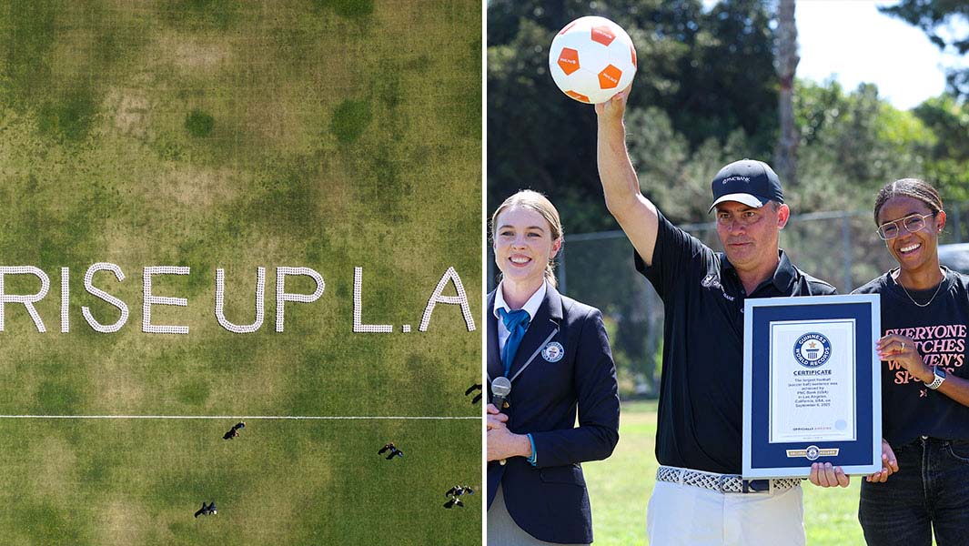 split image of soccer balls spelling out rise up la and three people smiling while a man holds a guinness world records certificate