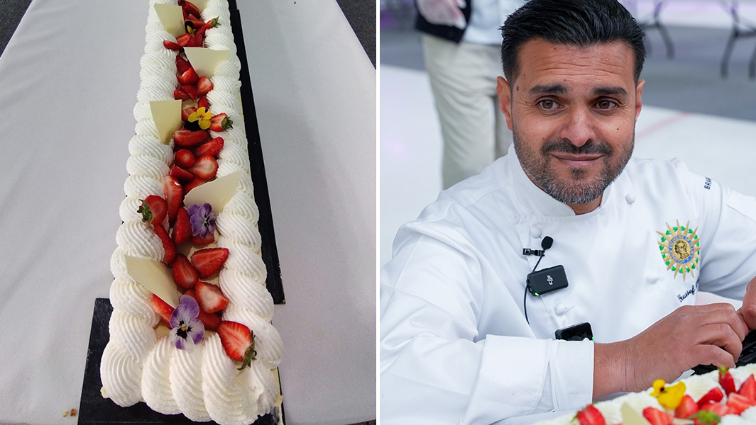 split image of the longest strawberry cake and chef youssef el gatou sitting next to the strawberry cake