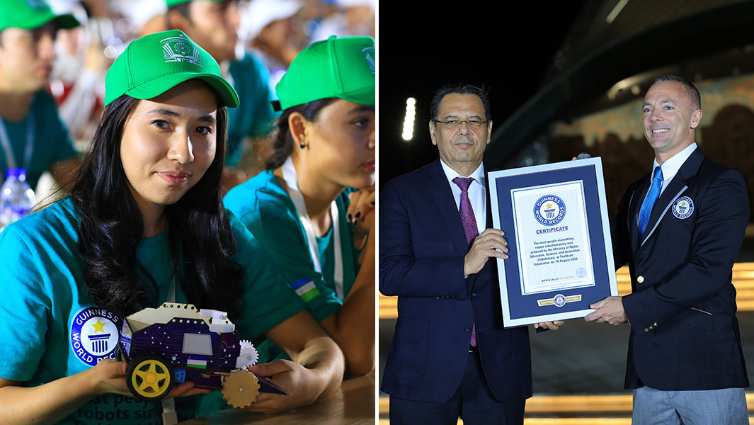 split image of female student smiling at the camera holding a robot with wheels and the guinness world record certificate being presented
