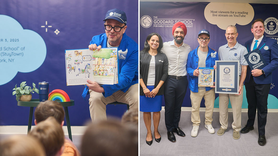 split image of blue clues star steve burns reading to children and him posing with a group smiling with a guinness world records certificate