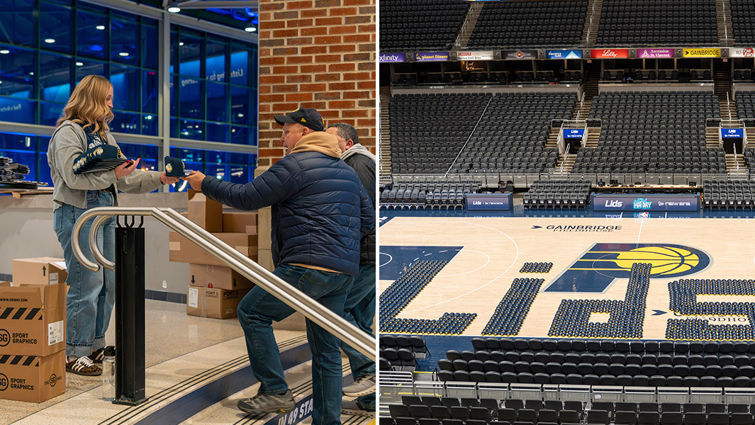 split image of a woman handing out hats and blue hats arranged to spell lids on a basketball court