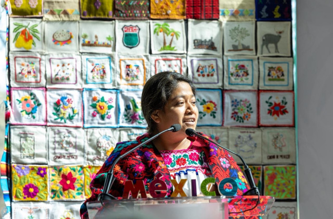 Artist speaking in front of the display